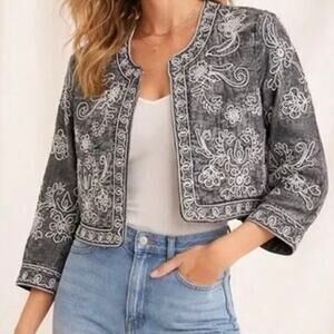 Soft Surroundings Wildwood Gray Acid Wash Embroidered Floral Bolero Jacket Sz 2X